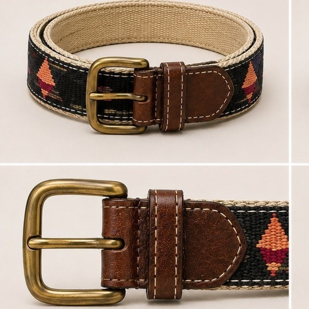 Mens Vintage Western Woven Mayan Textile Leather Belt Brass Buckle Preppy Gorp